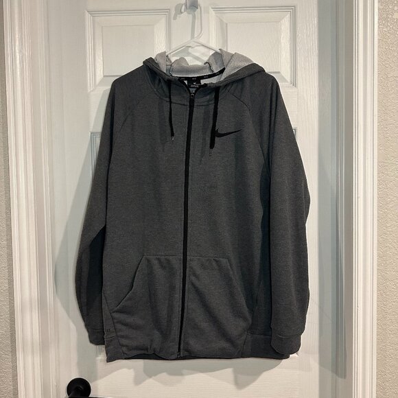 NIKE Dri Fit Large Zip Up Hoodie Dark Gray Full Zip - Picture 1 of 5